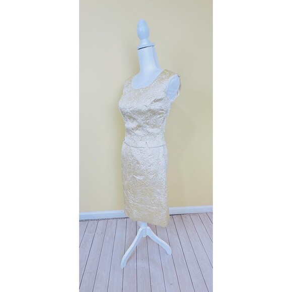 1960s Vintage Gold and Cream Brocade Suit / 60s Metallic Satin Jacket, XS - Picture 4 of 7